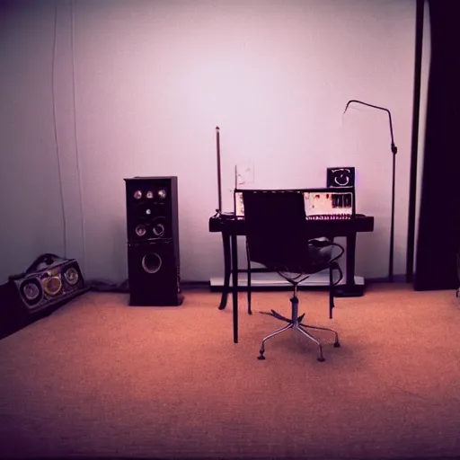 Prompt: dimly lit music studio, cigarette smoke haze, cinematic lighting, warm colors, shag carpet, 1970's