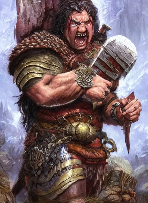 Prompt: enraged barbarian, ultra detailed fantasy, dndbeyond, bright, colourful, realistic, dnd character portrait, full body, pathfinder, pinterest, art by ralph horsley, dnd, rpg, lotr game design fanart by concept art, behance hd, artstation, deviantart, hdr render in unreal engine 5
