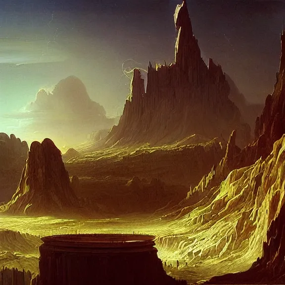 Prompt: “Flan, science fiction matte painting, highly detailed, Thomas Cole”