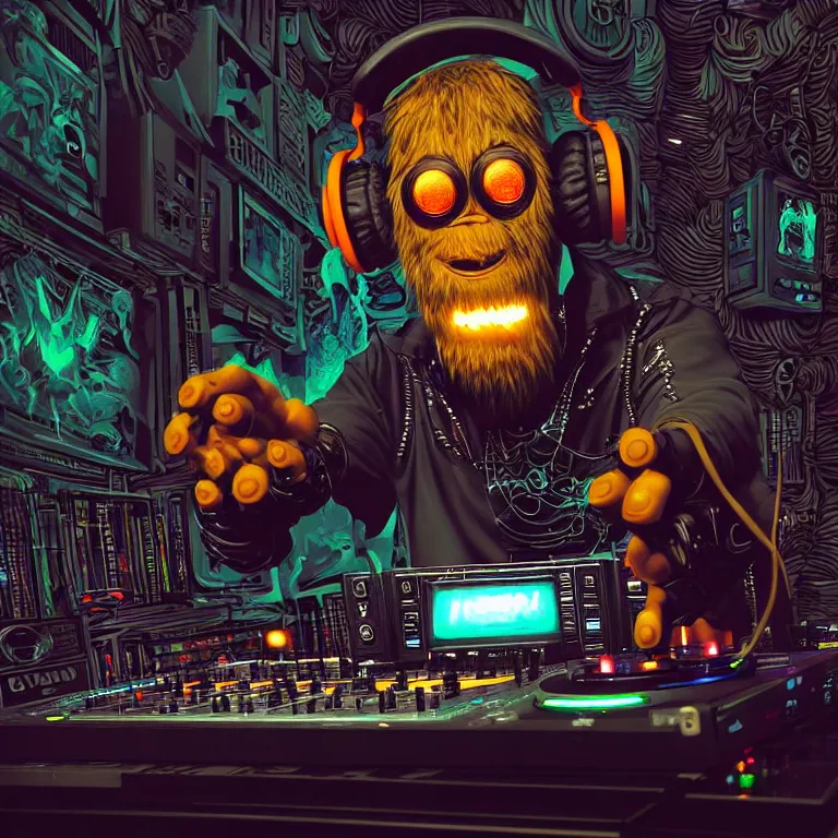 Image similar to a photograph portrait of an anthropomorphic cyberpunk bigfoot dj at the turntables spinning records, detailed render, tape deck, boombox, headphones, epic composition, cybernetics, 4 k realistic, cryengine, realistic shaded lighting, sharp focus, masterpiece, by matteo scalera, gary montalbano, peter elson in the style of the tokyo ghost comic