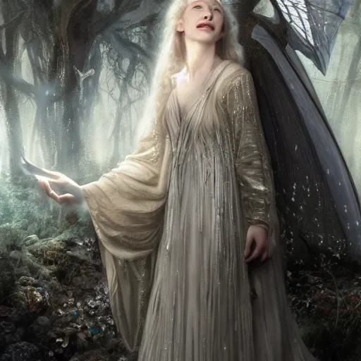 Prompt: portrait of ((mischievous)), baleful Cate Blanchett as Galadriel as a queen of fairies, dressed in a beautiful (silver) dress. The background is a dark, creepy eastern europen forrest. night, horroristic shadows, high contrasts, lumnious, theatrical, character concept art by ruan jia, thomas kinkade, and J.Dickenson, trending on Artstation