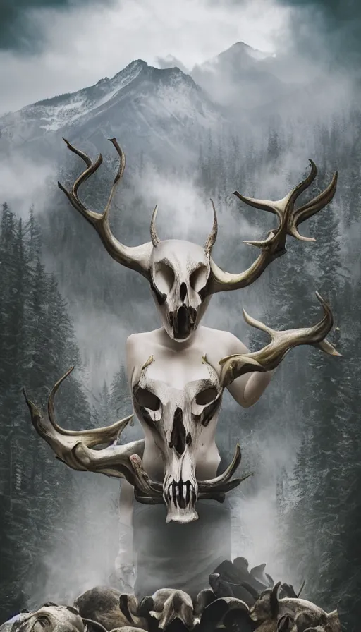 Image similar to gigantic goddess of wildlife wearing unknown animal skull mask with thousand horns looming over misty mountains forest