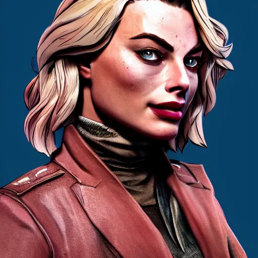 Image similar to margot robbie portrait, borderlands, tales from the borderlands, the wolf among us, comic, cinematic lighting, studio quality, 8 k