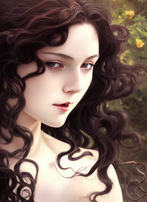 Image similar to young vampire girl, goddess of obsidian diamonds and black roses, with long curly, golden hair, perfectly proportioned face, brown eyes, sweet smile, strong jawline, natural lighting, path traced, highly detailed, high quality, cartoon, digital painting, by new haicheng studio ghibli and riccardo federici and alphonse mucha