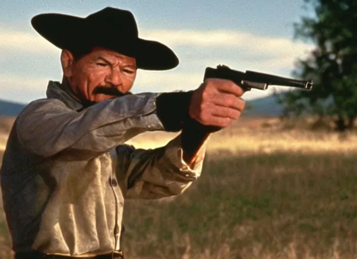 Image similar to film still of Charles Bronson pointing a pistol in the new City Slickers movie, 4k