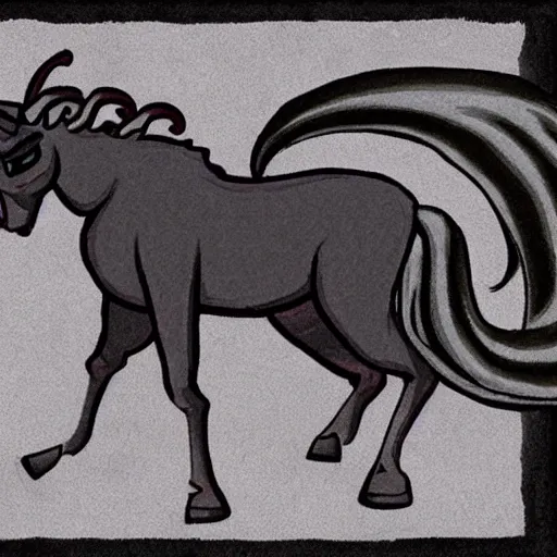 Prompt: Dark grey ghost horse with goat horns, tail made of fire in an empty field at night in the art style of Ken Sugimori