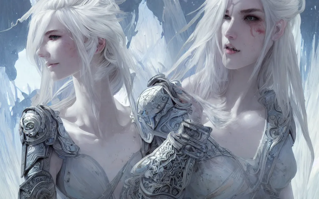 Image similar to portrait white hair knights of zodiac girl, matt white ice color armor, in ruined agora of athens, ssci - fi and fantasy, intricate and very very beautiful and elegant, highly detailed, digital painting, artstation, concept art, frostbite engine, smooth and sharp focus, illustration, art by tian zi and wlop and alphonse mucha