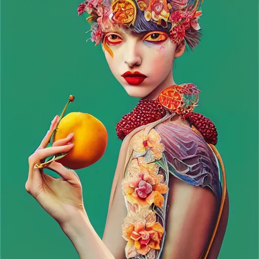 Image similar to pretty model with fruit : : by martine johanna and simon stalenhag and chie yoshii and casey weldon and wlop : : ornate, dynamic, particulate, rich colors, intricate, elegant, highly detailed, vogue, harper's bazaar art, fashion magazine, smooth, sharp focus, 8 k, octane render