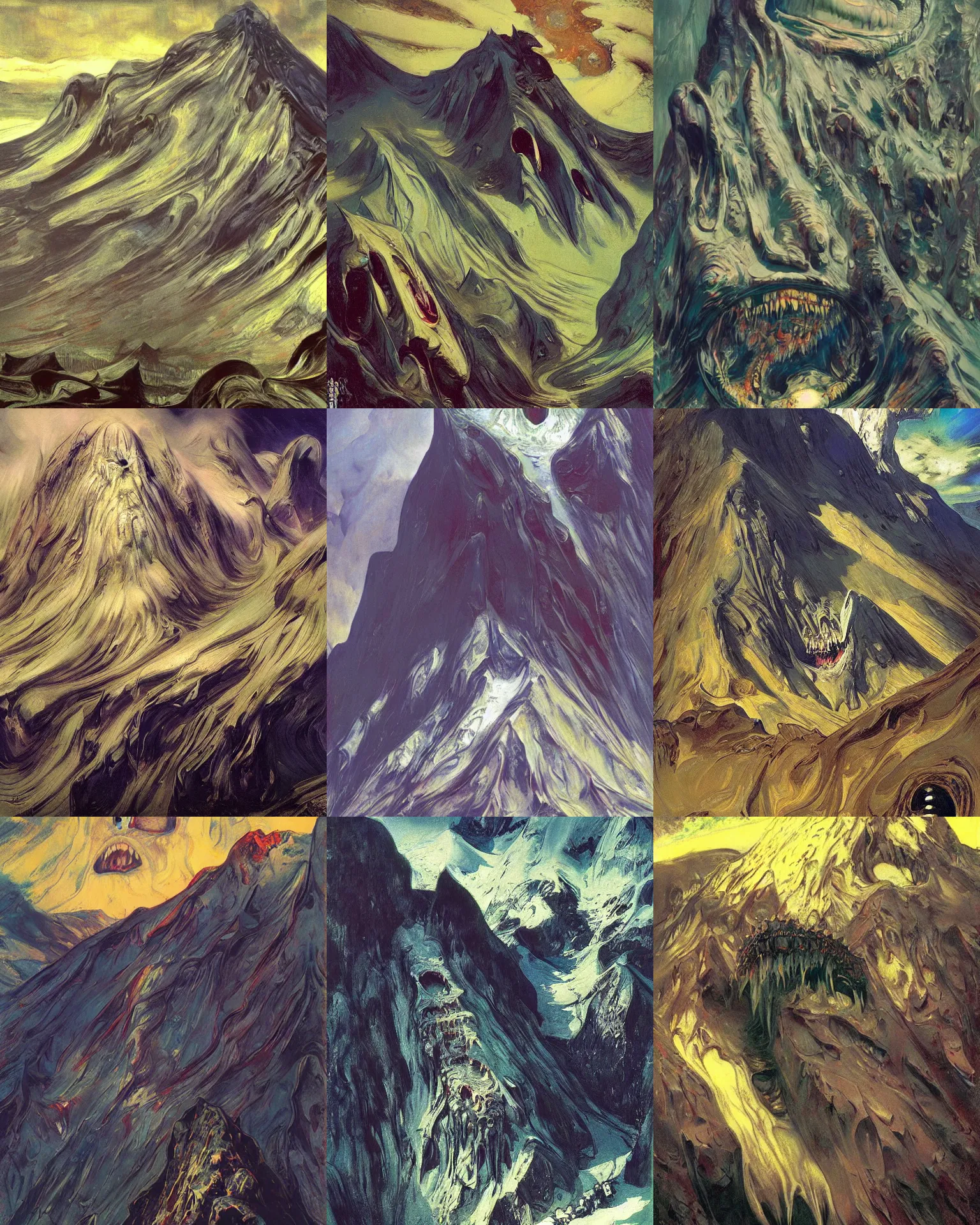 Prompt: a mountain with a gaping mouth full of teeth, painting by donato giancola, john berkey, edvard munch, dore, thomas moran, jackson pollock, hp lovecraft, paranoid vibe, feeling of madness and insanity