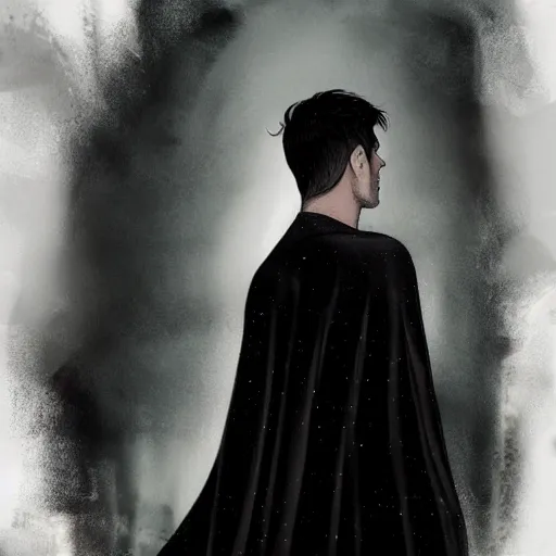 Prompt: well - shaven tom sturridge, black outfit, cape, in the style of tom bagshaw, sandman, misty endless dream cinematic background, netflix sandman