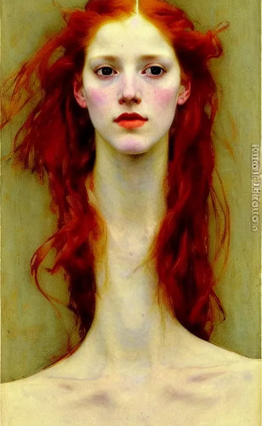 Prompt: portrait of a girl with long red hair, very beautiful style, photorealism, edgard maxence, john singer sargent