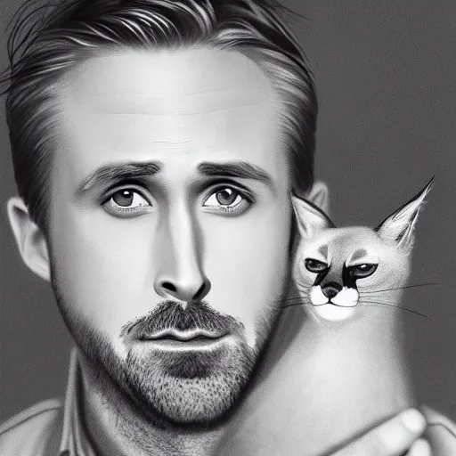 Image similar to Ryan Gosling holds a caracal cat in his hands, ultra highly detailed, smooth, sharp focus, elegant, artstation