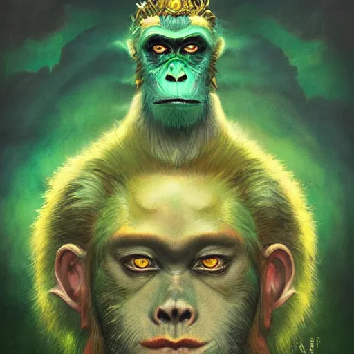 Image similar to monkey king of the mountains, gold and green, portrait, by Anato Finnstark, Tom Bagshaw, Brom