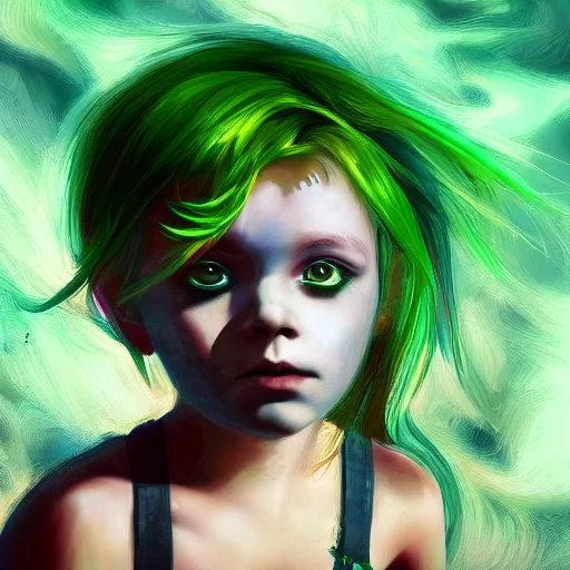 Image similar to glitchy child with green hair, lost soul, reflection, pov, ultra hd, artstation, high detail, digital art, oil on canvas