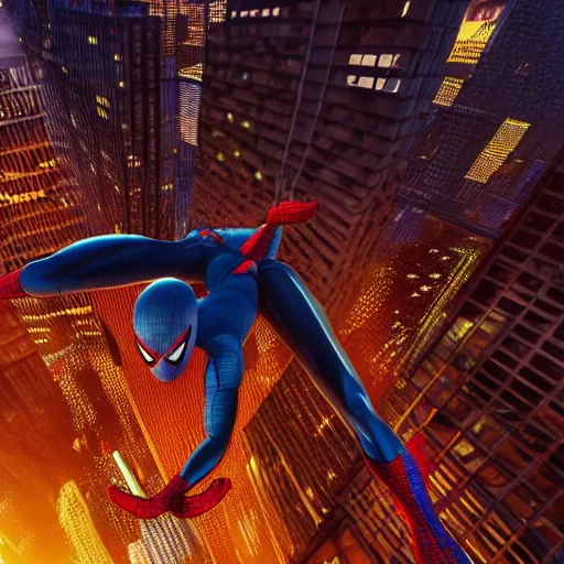 Image similar to A hyperdetailed photograph of Spider-Man swinging through the skies of a cyberpunk, futuristic city, night, dense fog, rain, HD, 8K resolution