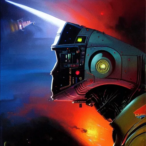 Image similar to a dark and colorful close - up side profile portrait of a spaceship with led lights glowing fog in the background. highly detailed science fiction painting by norman rockwell, frank frazetta, and syd mead. rich colors, high contrast, gloomy atmosphere, dark background. trending on artstation