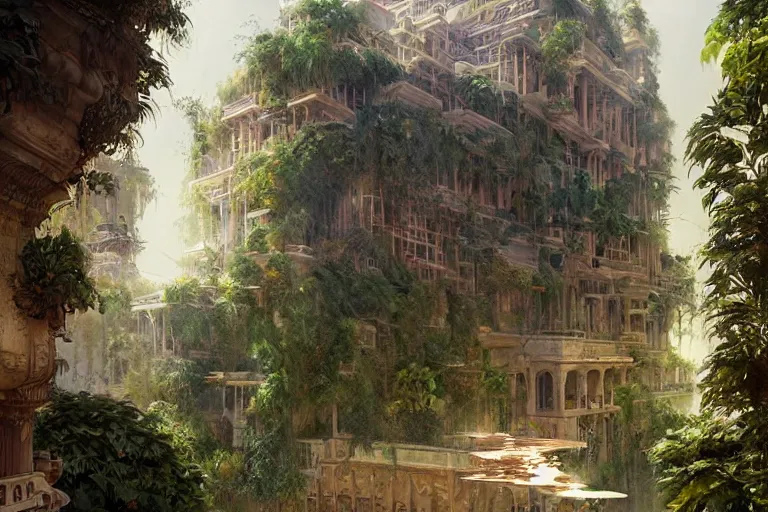 Prompt: hanging gardens of babylon, highly detailed, digital painting, artstation, concept art, sharp focus, illustration, art by artgerm and greg rutkowski and magali villeneuve