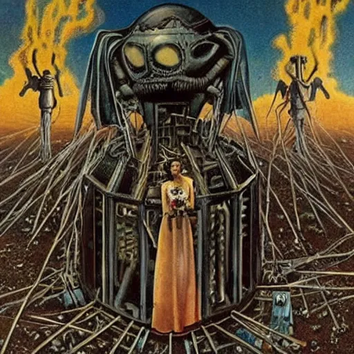 Prompt: i wouldn't marry you if you were the last man on earth!, apocalypse wedding, crying sad miserable unhappy bride, laughing groom, doomsday, radiation, nuclear holocaust by hr giger and chesley bonestell