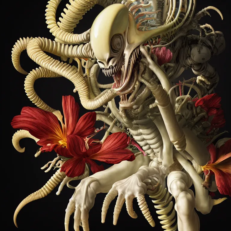 Image similar to still life of white xenomorph, beautiful tropical flowers, human spine, colorful mold, baroque painting, beautiful detailed intricate insanely detailed octane render, 8K artistic photography, photorealistic, chiaroscuro, Raphael, Caravaggio