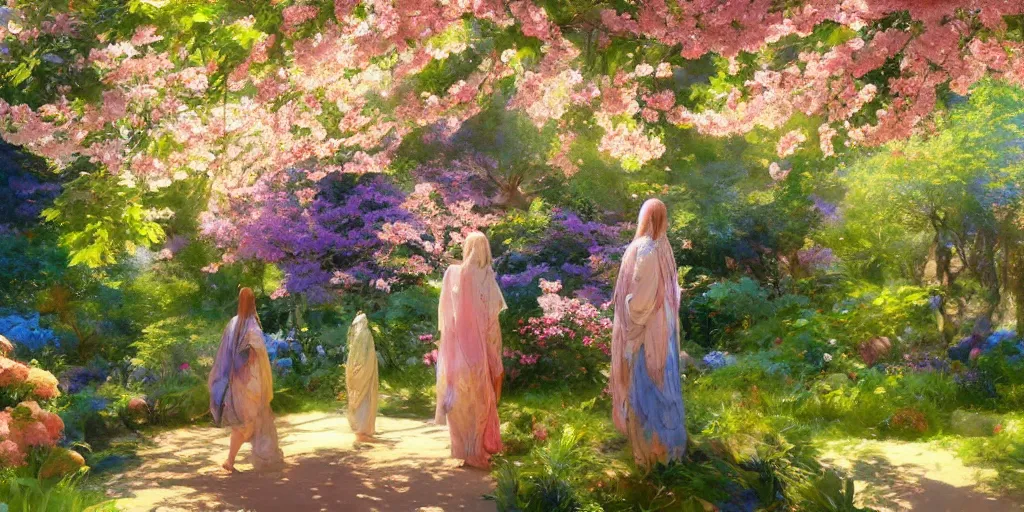 Prompt: spiritual journey through the garden of eden, colorful, vibrant, sakura season dynamic lighting, landscape, artwork by jeremy lipkin and giuseppe dangelico pino and michael garmash and rob rey and greg manchess and huang guangjian and makoto shinkai, pixiv, 1 0 0 mm