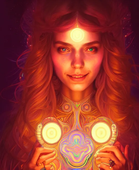 Image similar to symmetry!! portrait of hippie girl smiling, glowing lights!! psychedelic, intricate, elegant, highly detailed, digital painting, artstation, concept art, smooth, sharp focus, illustration, art by artgerm and greg rutkowski and alphonse mucha, 8 k