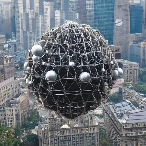 Prompt: giant mechanical wasps constructing a spherical city suspended in mid air