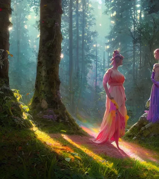 Image similar to highly detailed portrait of women wearing rainbow gown in middle of colorful forest in gta v, stephen bliss, unreal engine, fantasy art by greg rutkowski, loish, rhads, ferdinand knab, makoto shinkai and lois van baarle, ilya kuvshinov, rossdraws, tom bagshaw, global illumination, radiant light, detailed and intricate environment