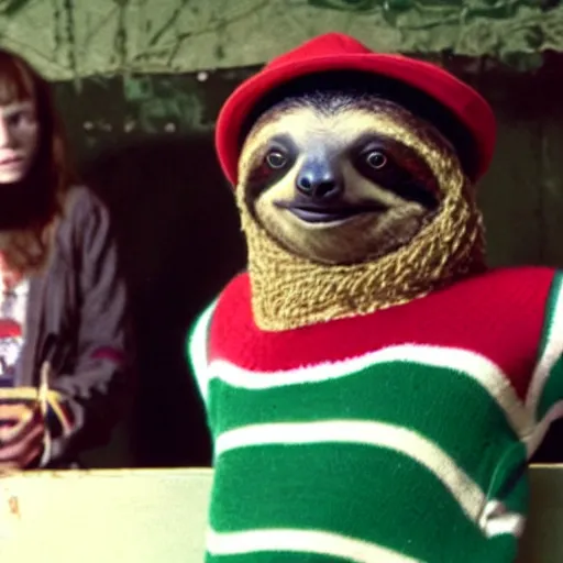 Image similar to a sloth dressed in a red and green striped jumper and fedora lurking in the shadows behind a scared teenager, film still