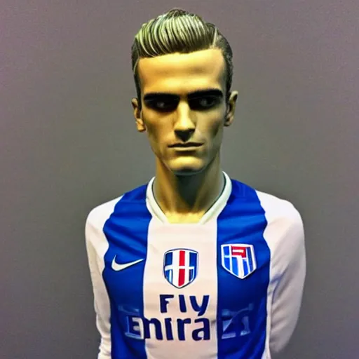 Image similar to “ a realistic detailed photo of a guy who is an attractive humanoid who is half robot and half humanoid, who is a male android, soccer player antoine griezmann, shiny skin, posing like a statue, blank stare, at the museum, on display ”