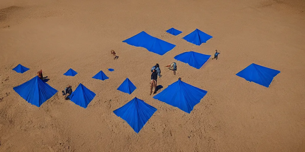 Image similar to people with blue bodies, raising pyramid out of the sands, wide angle, cinematic atmosphere, elaborate, highly detailed, dramatic lighting