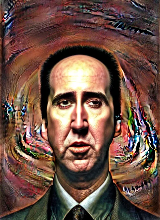 Prompt: hyper detailed 3d render like an Oil painting - Portrait of nicholas cage as an anthropomorphic pickle by Jacek Yerka, Mariusz Lewandowski, Houdini algorithmic generative render, Abstract brush strokes, Masterpiece, Edward Hopper and James Gilleard, Zdzislaw Beksinski, Mark Ryden, Wolfgang Lettl, hints of Yayoi Kasuma, octane render, 8k