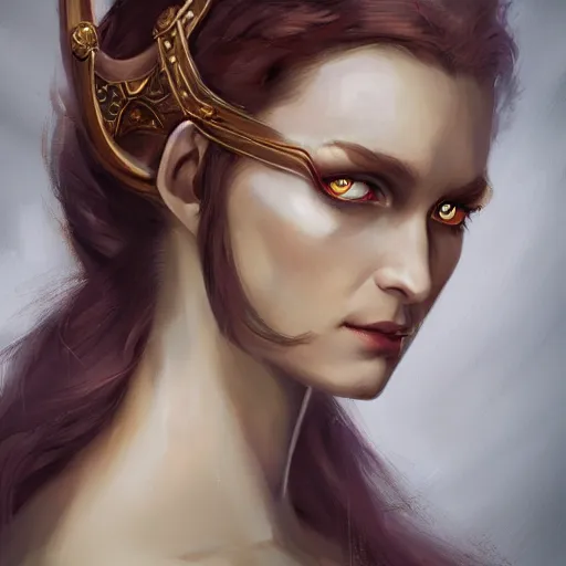 Image similar to a detailed matte head - on portrait painting of an middle - aged half - tiefling noblewoman with golden eyes and short well kept hair, by charlie bowater, lise deharme, wlop, tending on arstation, dungeons and dragon, dnd, pathfinder, fanart, oil on canvas