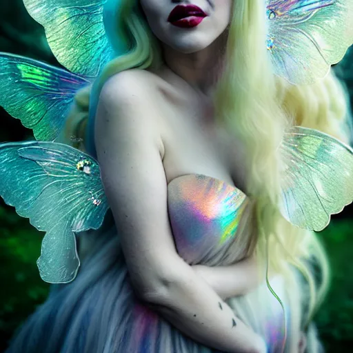 Prompt: portrait by bella kotak, marilyn monroe as a beautiful fairy, translucent fairy wings, a forest clearing in the background, luminescent holographic colors, otherworldly, high fantasy art, soft glow, iridescent colors, ethereal aesthetic, intricate design, fae elements, detailed shiny blonde hair, whimsical, atmospheric,