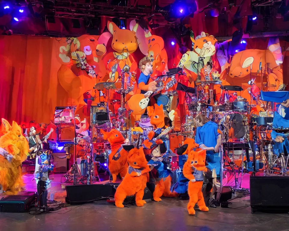 Prompt: an animatronic band composed of an orange rabbit, a red cat, and a blue sheep. the band is performing on stage at a family entertainment center. the center is brightly lit and there are families watching and enjoying the show.