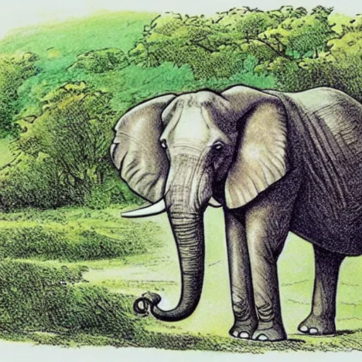 Image similar to Portrait of an elephant on a green meadow, Book for elementary school students, style Franklin Booth