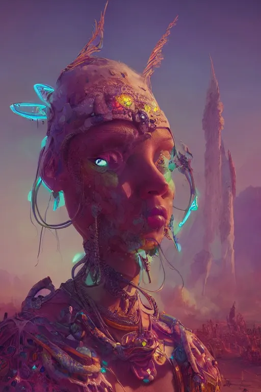 Image similar to Ultrarealistic rendering of a beautiful rave berserker girl by beeple, peter mohrbacher and Karol Bak, burning man, post apocalypse, high resolution, 4k, unreal engine. sigma 35mm, octane render, artstationHD, artstationHQ