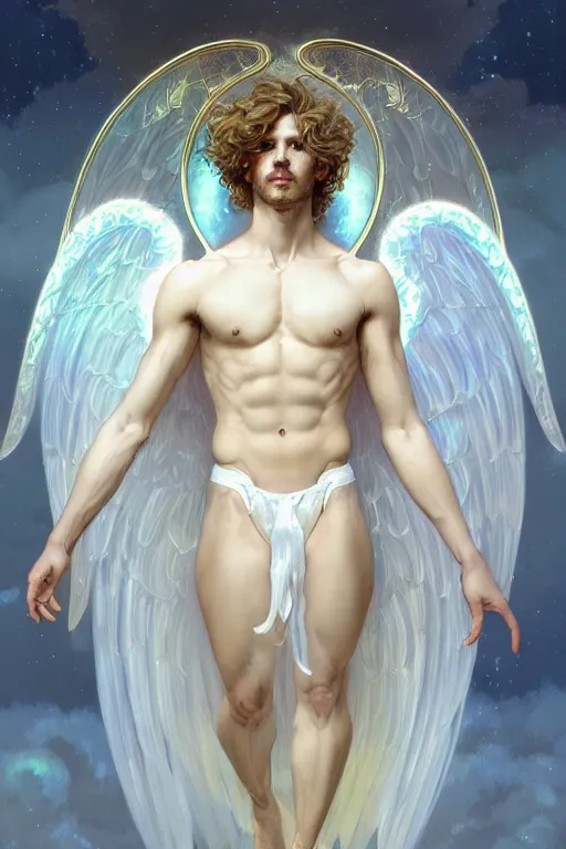 Prompt: portrait of a beautiful young fit male angel with curly blond hairs, dressed with fluent clothes, majestic symmetrical white wings, luminous halo, by greg rutkowski and alphonse mucha, gradient white to gold, in front of an iridescent background, highly detailed portrait, digital painting, artstation, concept art, smooth, sharp focus ilustration, artstation hq