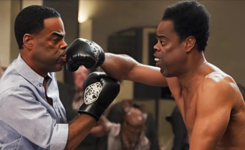 Prompt: movie still of prince of bell air punching chris rock in the face