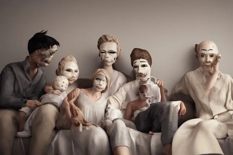 Prompt: family with actor's ceramic masks watching tv, style of henrik sahlstrom and paolo roversi, 8 k, sharp focus, soft light, volumetric lighting, highly detailed realistic, refined, artstation