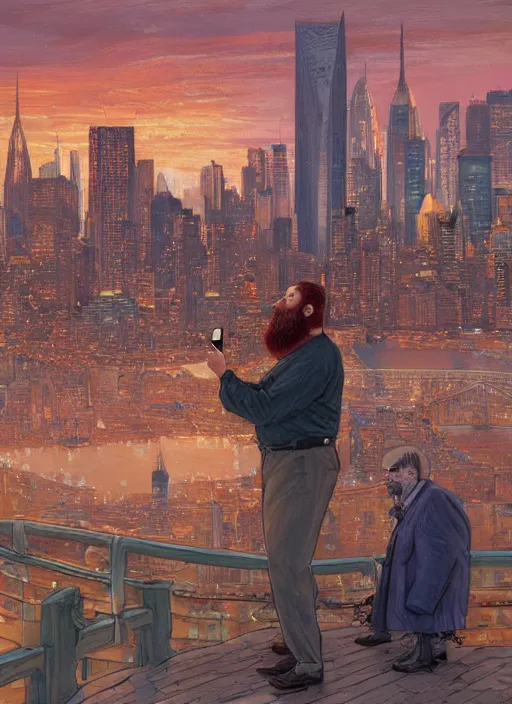 Image similar to a fat redheaded man with beard talking on a cell phone manhattan skyline in the background, intricate, elegant, highly detailed, centered, digital painting, artstation, concept art, smooth, sharp focus, illustration, art by james gurney and donato giancola and Joseph Christian Leyendecker