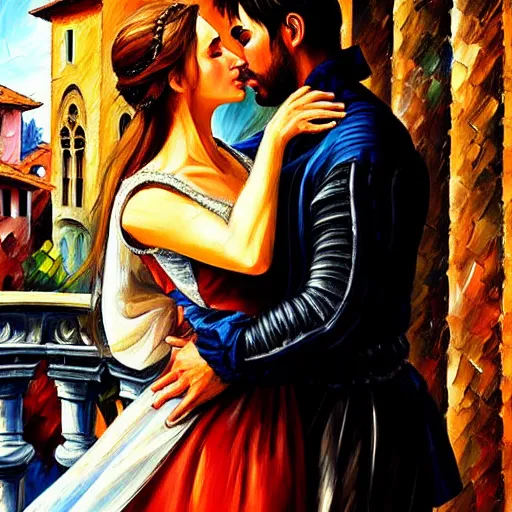 Prompt: highly detailed painting of shakespeare's romeo and juliet in the city of verona, italy. intricate, high quality oil painting artstyle, in the style of leonid afremov, deviantart, figurative art, deviantart, ilya kuvshinov, lovecraftian, very detailed face, portrait