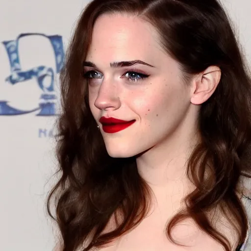 Image similar to a woman who is a genetic combination of kat dennings and emma watson face and upper - body focus