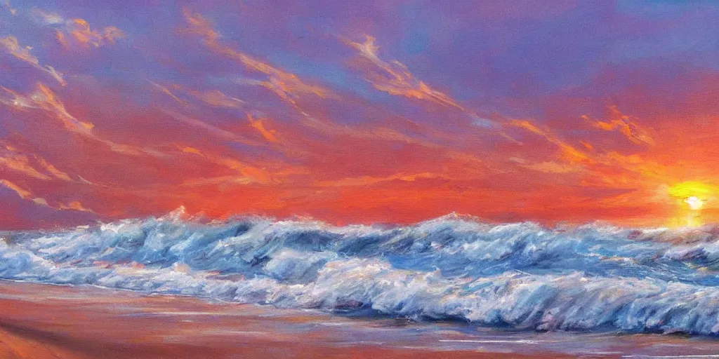 Image similar to a beautiful painting of a beach sunset with raging waves