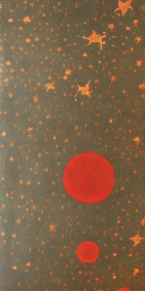 Image similar to oriental painting of the stars, the full red moon is far above, detailed, refined, high quality, parchment, blackened space, lots of stars