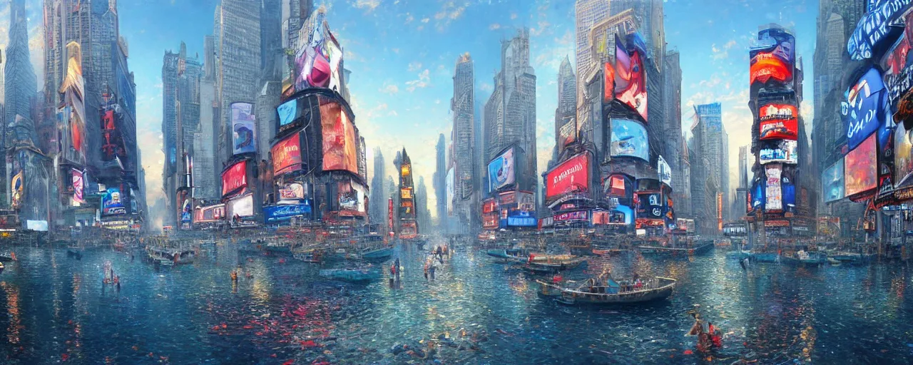 Prompt: A beautiful highly detailed epic painting of Times Square at the bottom of the ocean townscape, warm saturatured colors, clear blue sky by greg rutkowski and thomas kinkade, panorama, Trending on artstation HD.