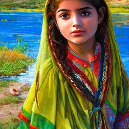 Image similar to beautiful painting by sophie anderson of a beautiful young kurdish girl by a river in a kurdish village, award winning art, insanely detailed, bright colors, global illumination, cute, young, stunning