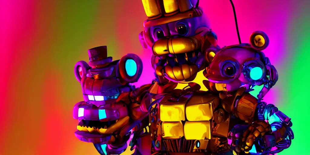 Image similar to fnaf freddy, cyberpunk, rgb, neon, hd, cinematic,