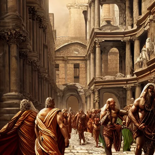 Prompt: greek gods walking around in ancient constantinople, oil on canvas, trending on artstation, cinematic composition, insanely detailed, hd