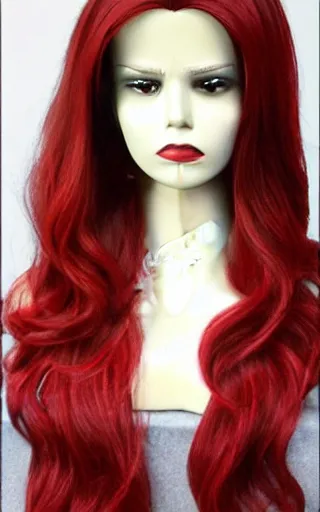 Prompt: a 4k product photo of a 1994 X-Men Dark Phoenix wig. 26-inch European remy 100% human hair, full-lace with pre-plucked frontal. Long layers with extreme volume, flame ombré mixed red colors.