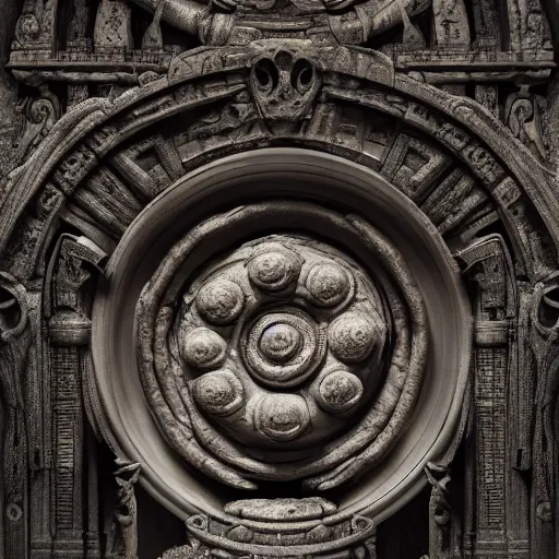 Prompt: an exotic heptapod in a jar , on stone pedestal, embryo bas-relief designed by Giger and Otomo, in a baroque museum exhibit, highly detailed, Art deco, intricate detail, atmospheric, post apocalyptic, desaturated, 8K matte, cinematic lighting, artstation, rendered in octane, dark cathedral environment highly detailed, by Emil Melmoth